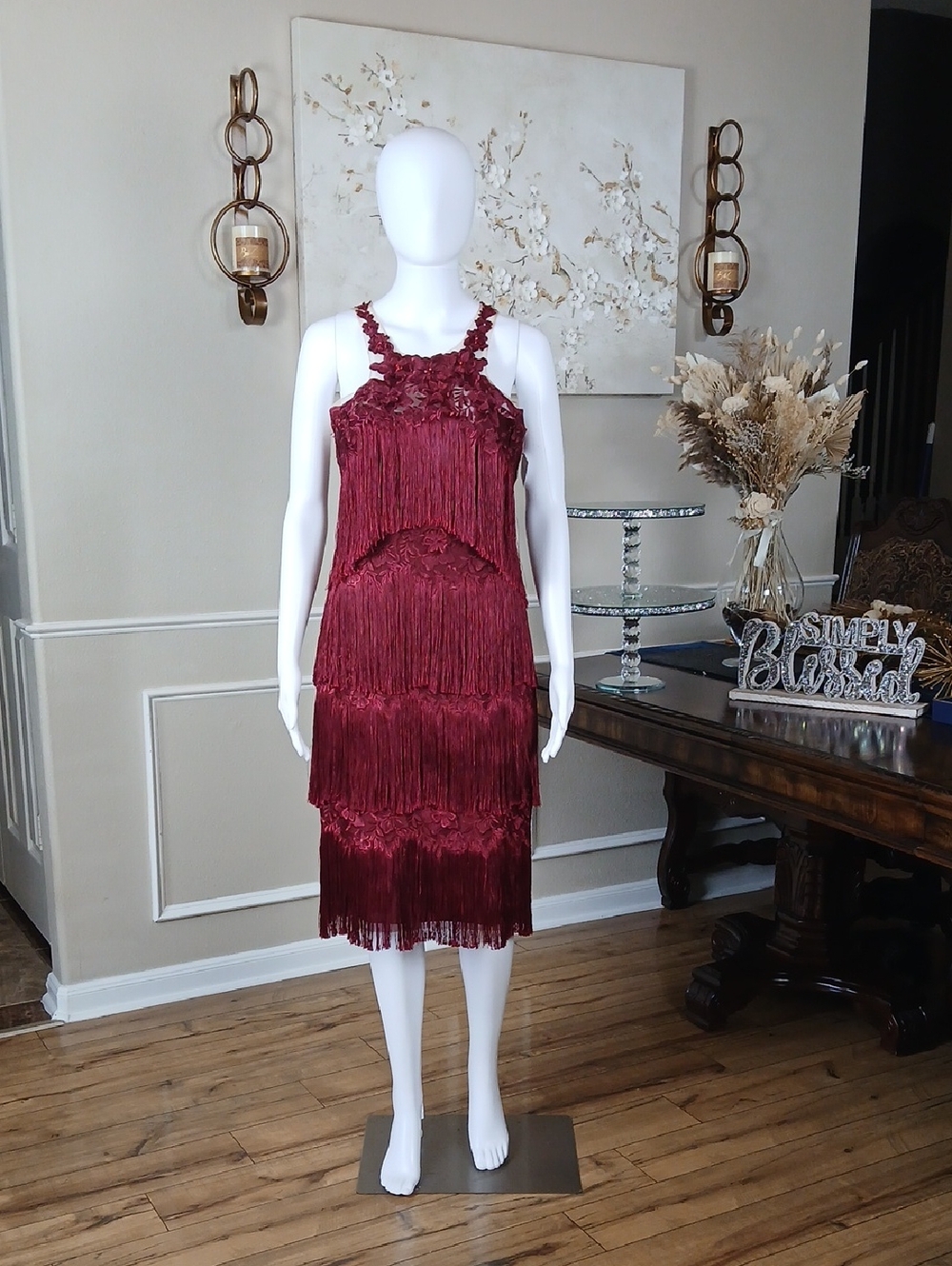 New Women's Fringed Wine Embroidered Cocktail Dress By Marchesa Notte. Size 2 - Picture 7 of 16